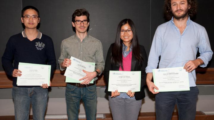 The first graduates of the ICTP/SISSA Joint PhD Programme: (from left) Cong Huy Pham, Pavel Silveira Diaz, Thi Ngoc Loan Truong, and Victor Ivan Giraldo Rivera. Missing from photo: Marks Ruziboev