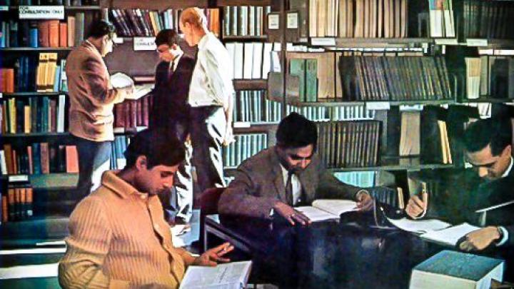 ICTP founder Abdus Salam (standing, left) in the Centre's library circa 1967 (photo courtesy George Rodger, Magnum)