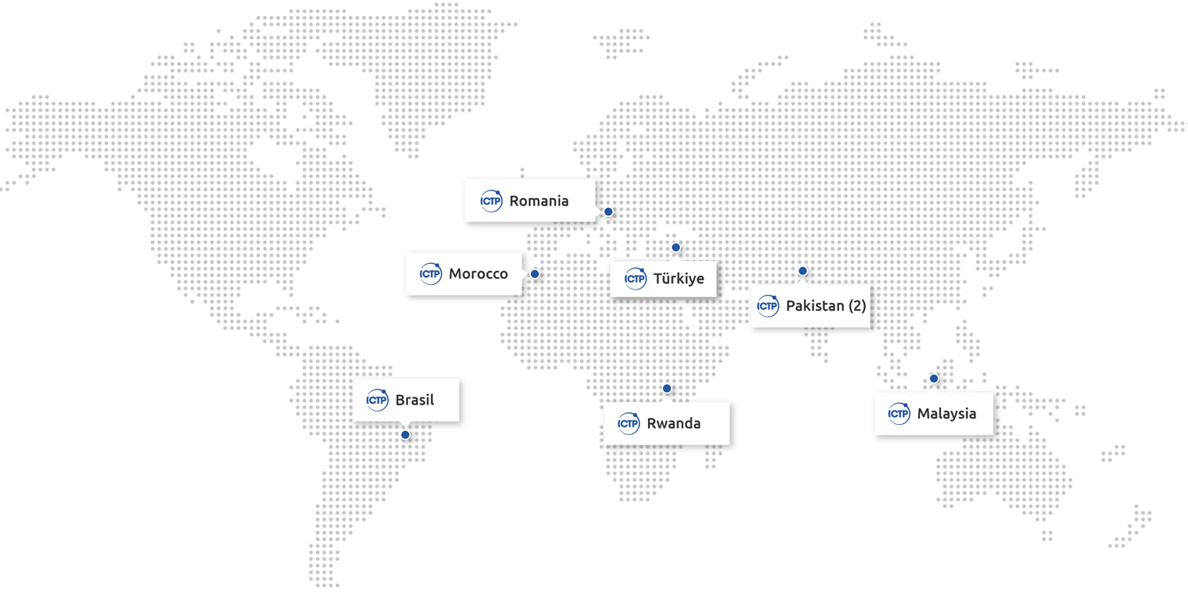 ICTP附属中心：巴西、马来西亚、摩洛哥、巴基斯坦（2个附属中心）罗马尼亚、卢旺达和土耳其